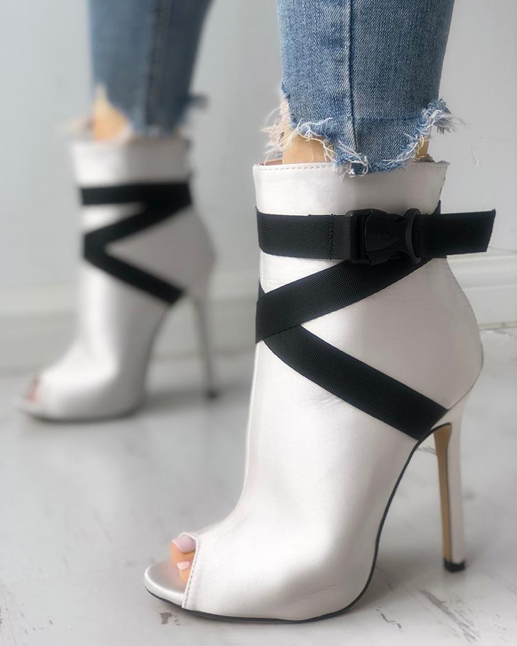 

Suede Crisscross Bandage Peep-toe Thin Heels, White