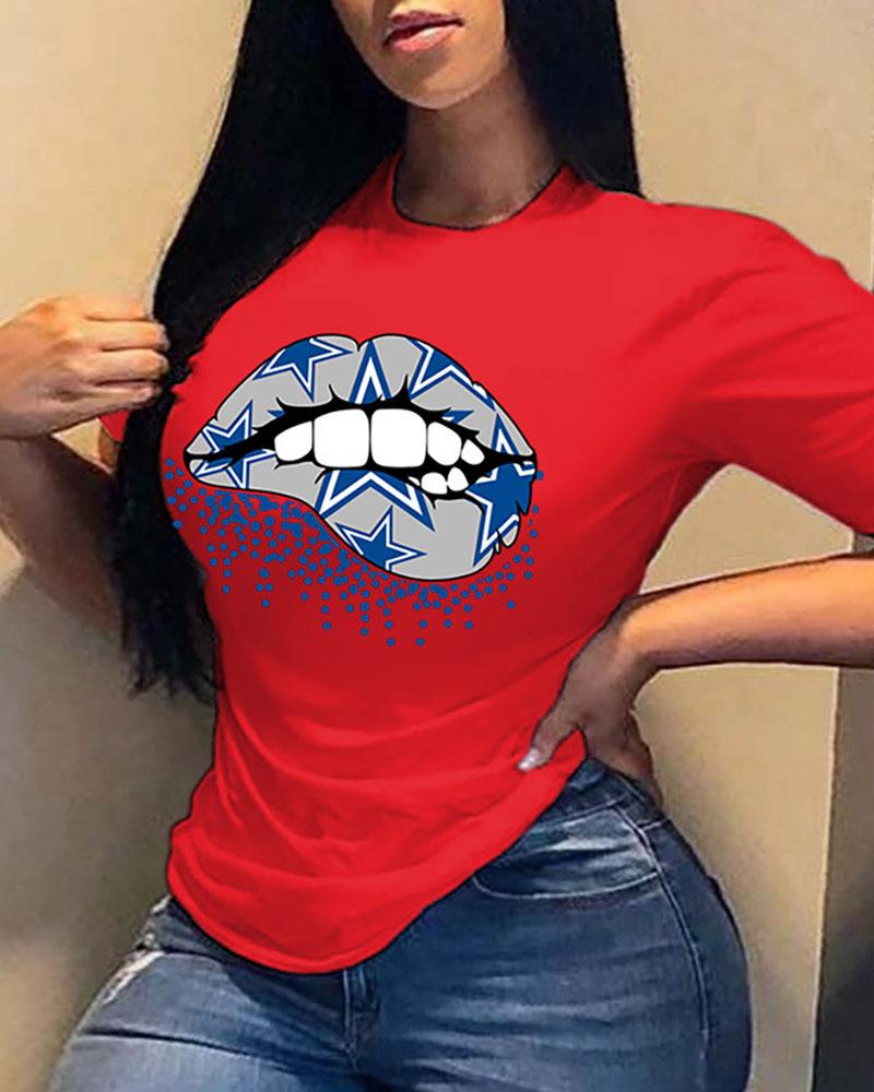 

Lip Star Print Short Sleeve Casual T-shirt, Red