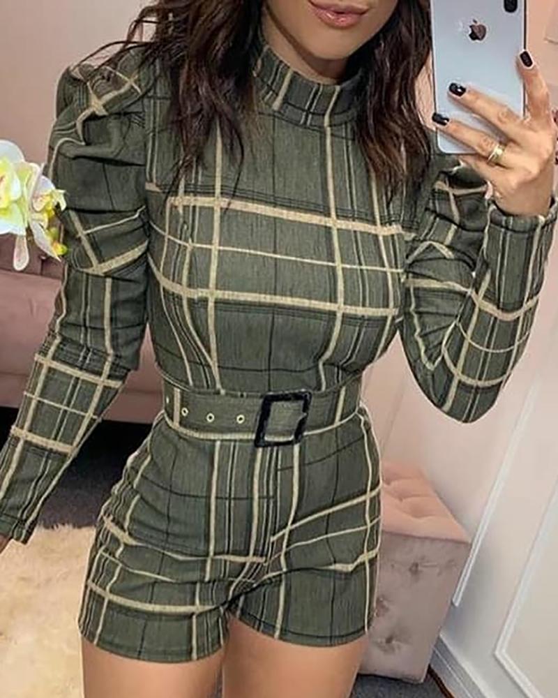 

Shrug Sleeves Gingham Print Romper With Belt