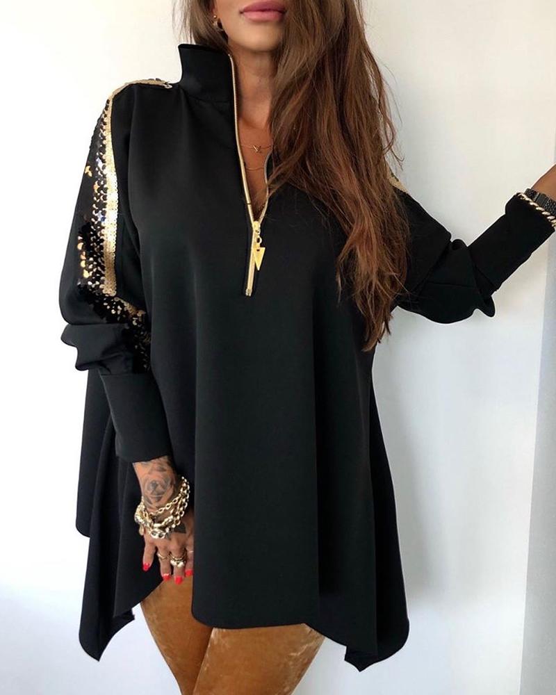 

Sequins Patchwork Stand Zipper Design Blouse, Black