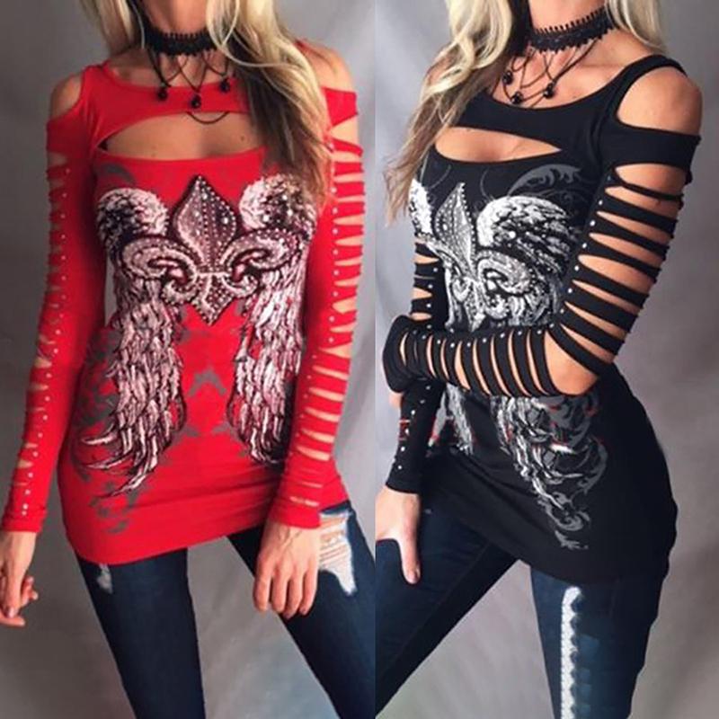 

Street Style Printed Hollow Out Slinky Top, Black