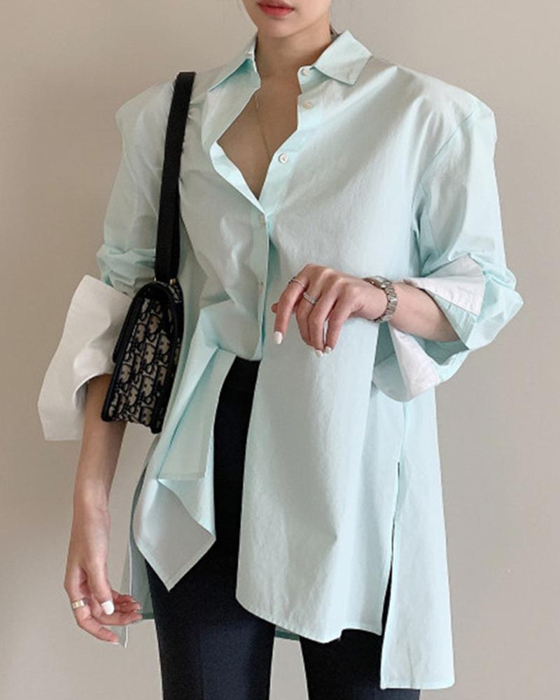 

Brief Colorblock Asymmetrical Blouse Top, Green