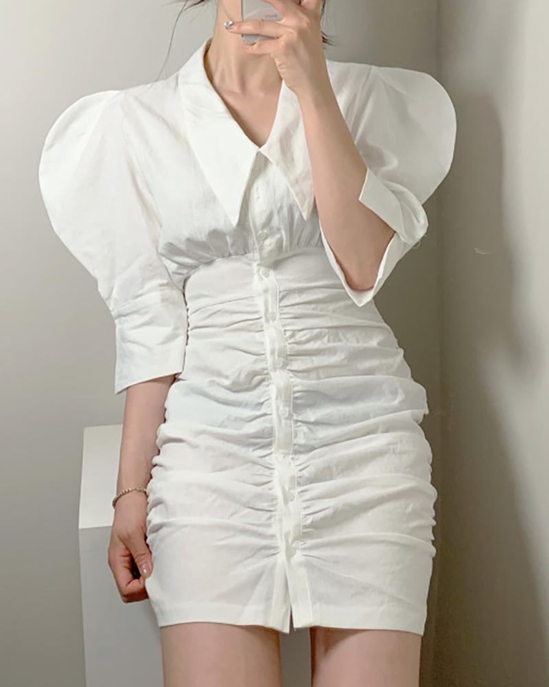 

Puff Sleeve Ruched Button Design Bodycon Dress, White
