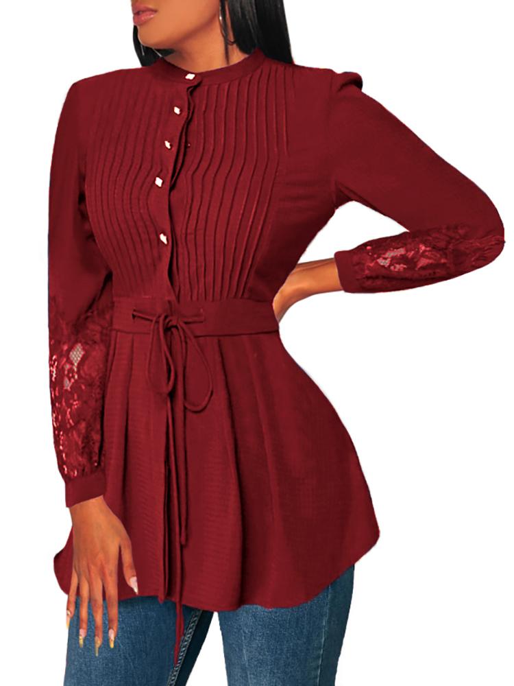 

Lace Insert Pleated Design Blouse