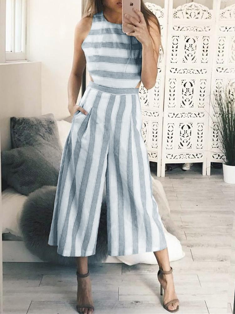 

Striped Cutout Waist Wide Leg Jumpsuit, Blue