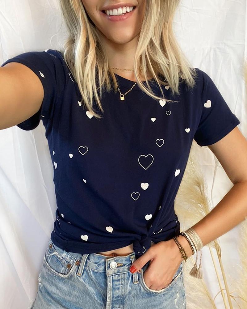 

Heart Print Round Neck Casual T-shirt, Purplish blue