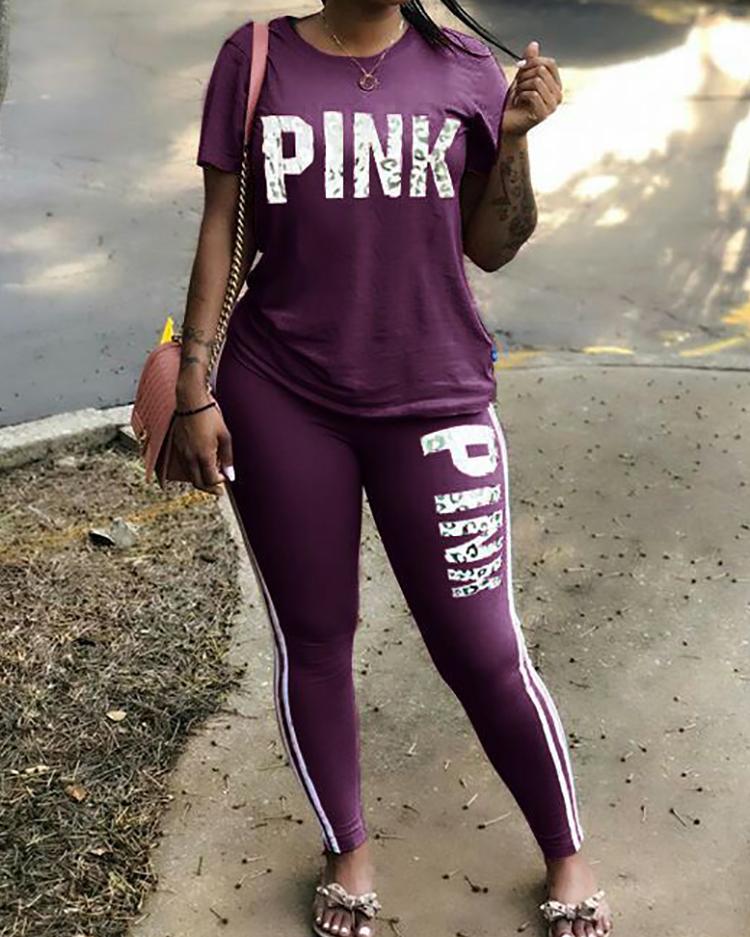

Fashion Striped Letter Print T-shirt & Pants Set, Purple