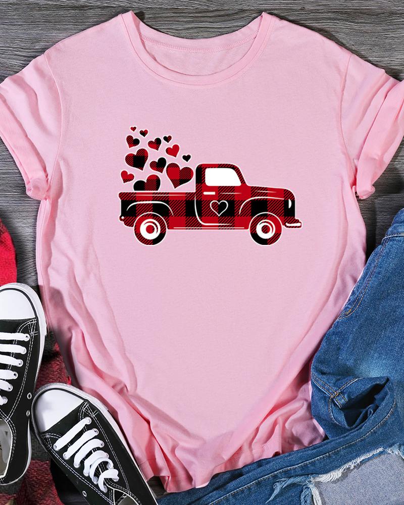 

Valentine' Day Plaid Car Heart Print T-shirt, Pink