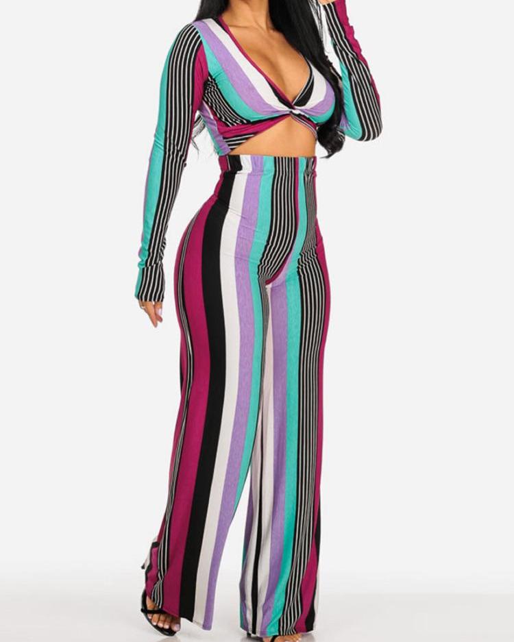 

Colorful Striped Long Sleeve Top & Pant Sets, Multicolor