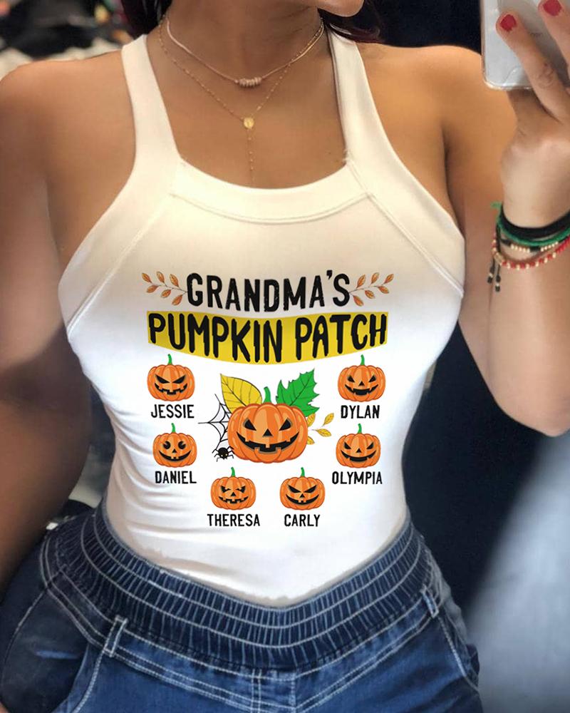 

Halloween Pumpkin Letter Print Thick Strap Top, White