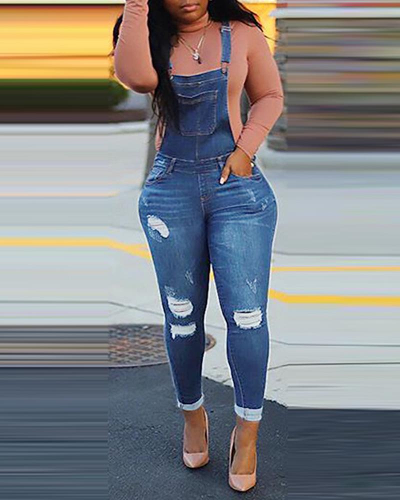 

Ripped Plain Skinny Suspender Jeans, Blue