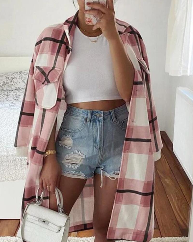 

Plaid Long Sleeve Loose Duffle Coats, Pink