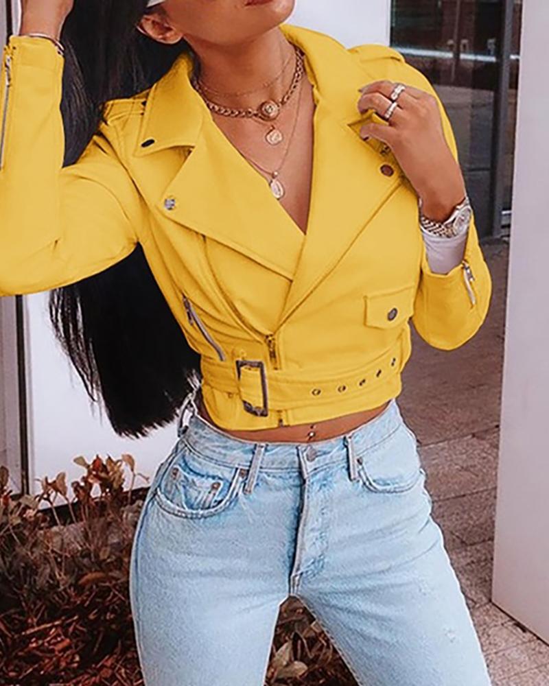 

Zipper Design Solid Leather PU Jacket, Yellow