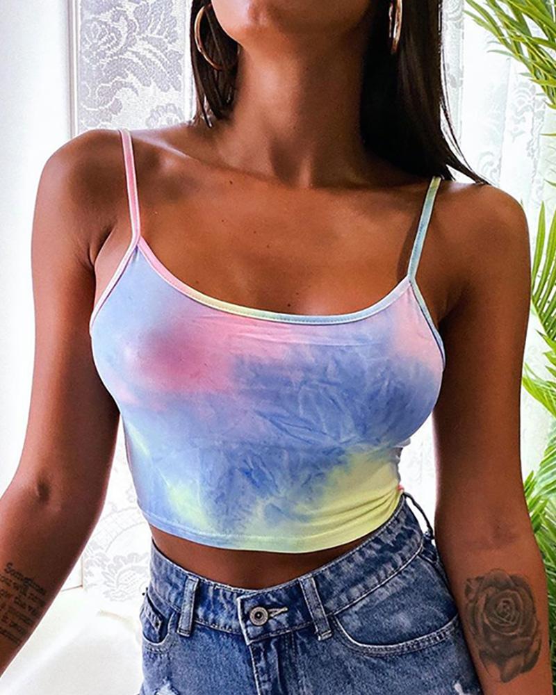 

Tie Dye Print Spaghetti Strap Crop Top, Blue