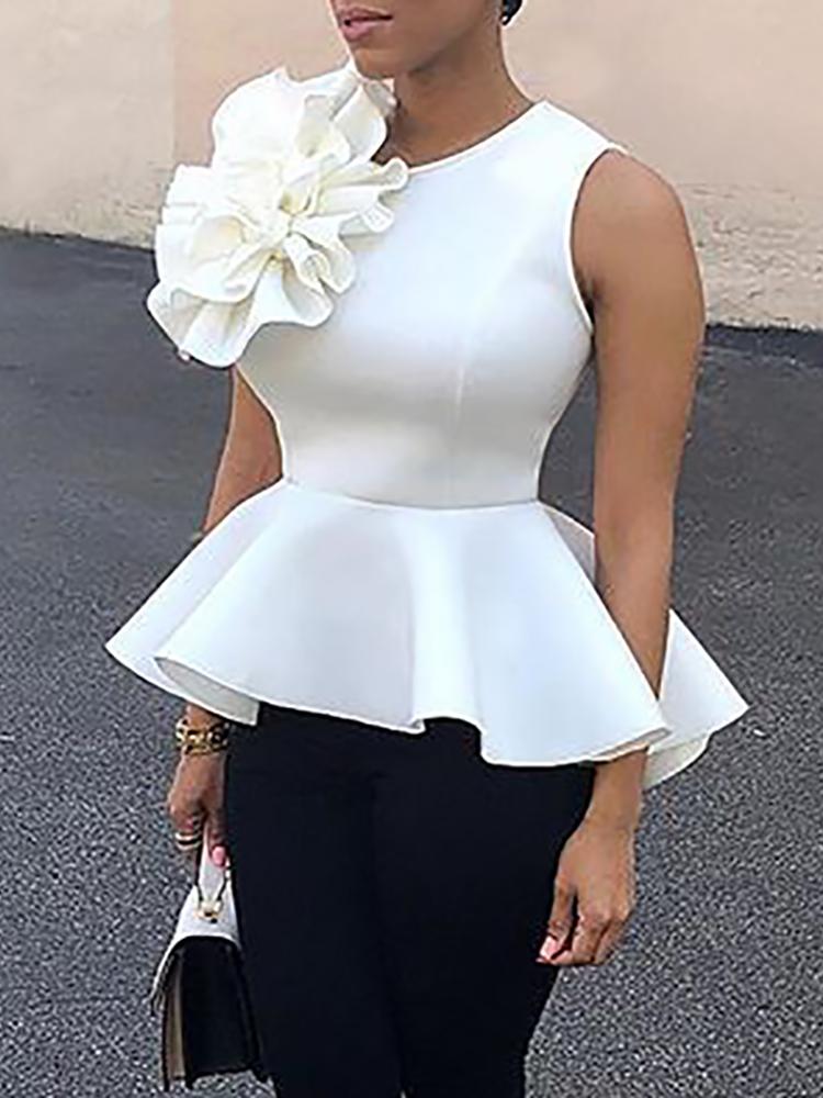 

Flower Applique Zipper Back Peplum Top, White