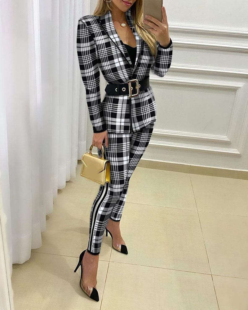 

Plaid Print Blazer Coat & Fitted Pants Sets, Black