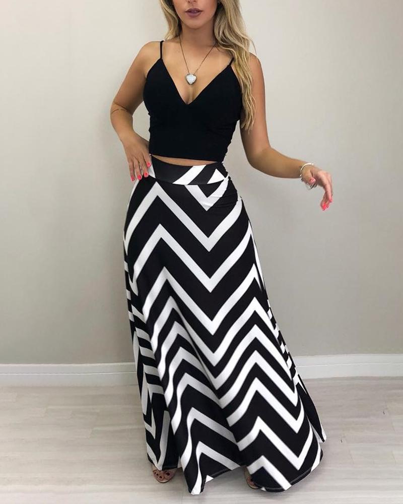

Wave Striped High Waist Casual Skirt, Black