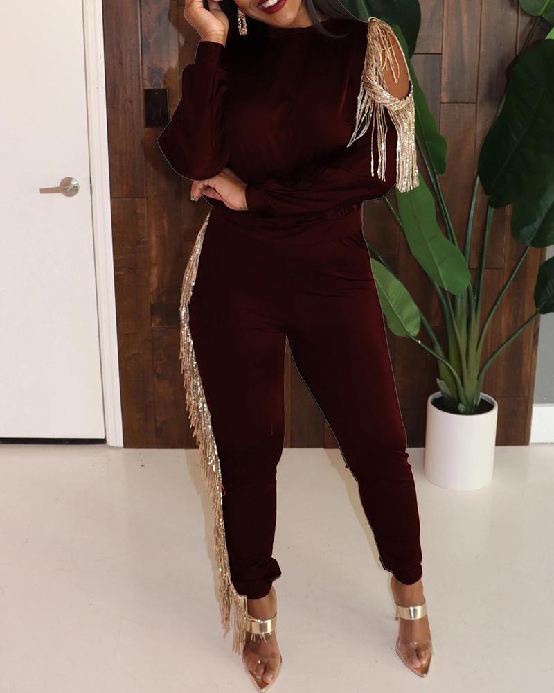 

Tassel Cut Out Mock Neck Suit Sets, Wine red