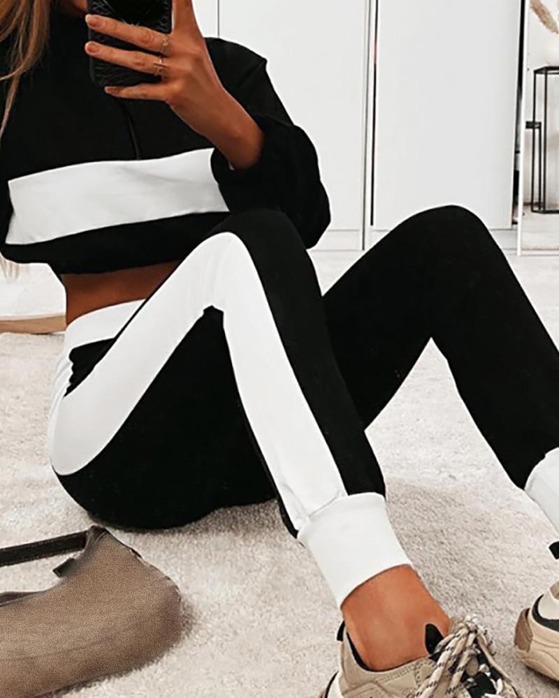 

Colorblock Zip Top & High Waist Pants Set, Black