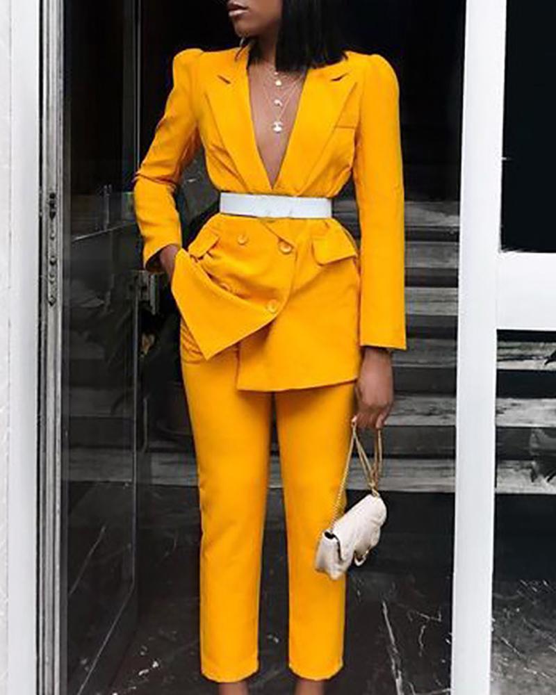 

Notched Collar Double-breasted Blazer & Pants Sets, Yellow