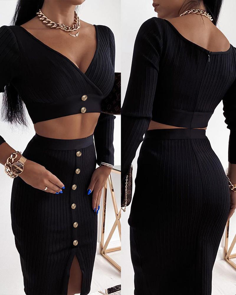 

Zipper Button Design Cutout Slit Dress, Black