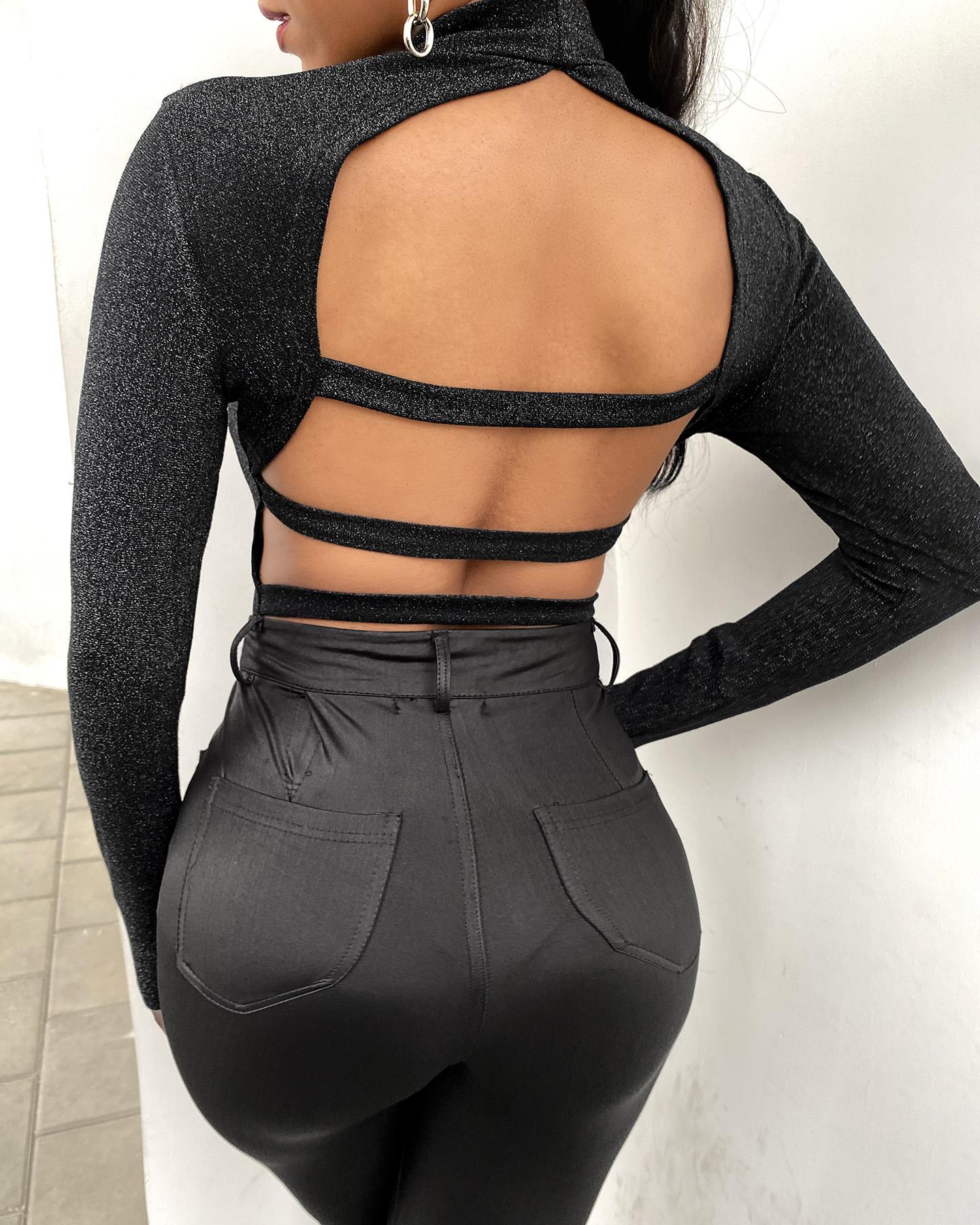 

Glitter Backless Long Sleeve Bodysuit, Black