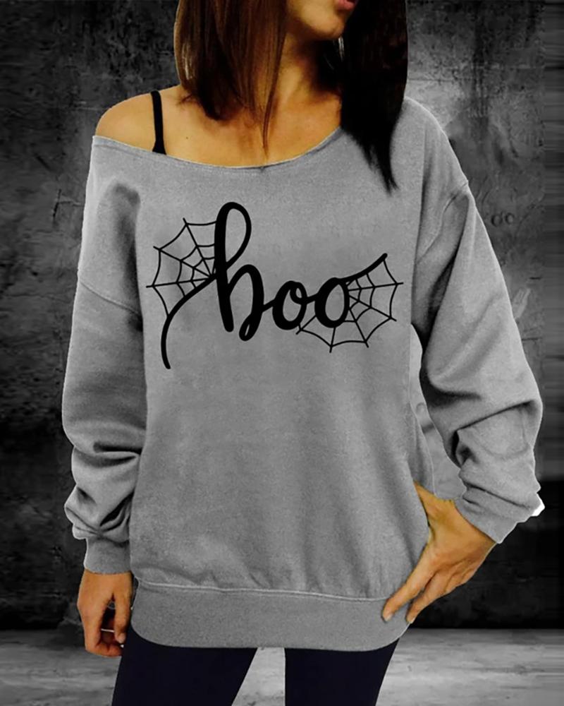 

Halloween Letter Print One Shoulder Long Sleeve Top, Gray