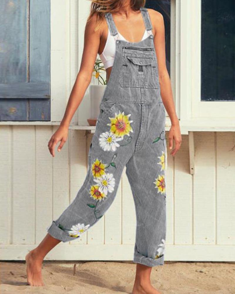 

Floral Denim Overalls Jumpsuit, Gray