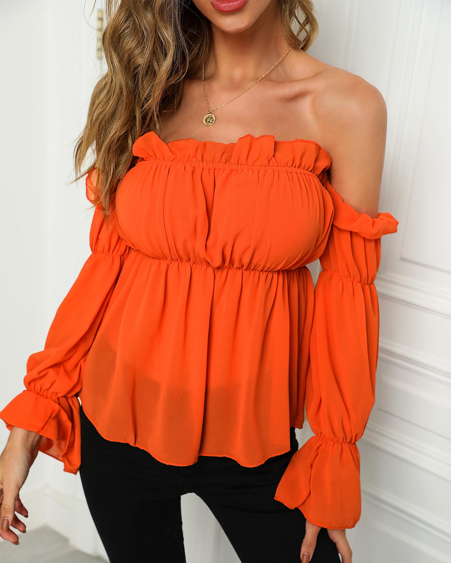 

Off Shoulder Ruffles Ruched Blouse, Orange