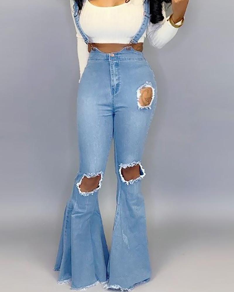 

Cut Out Bell-bottomed Suspender Denim Jumpsuit, Blue
