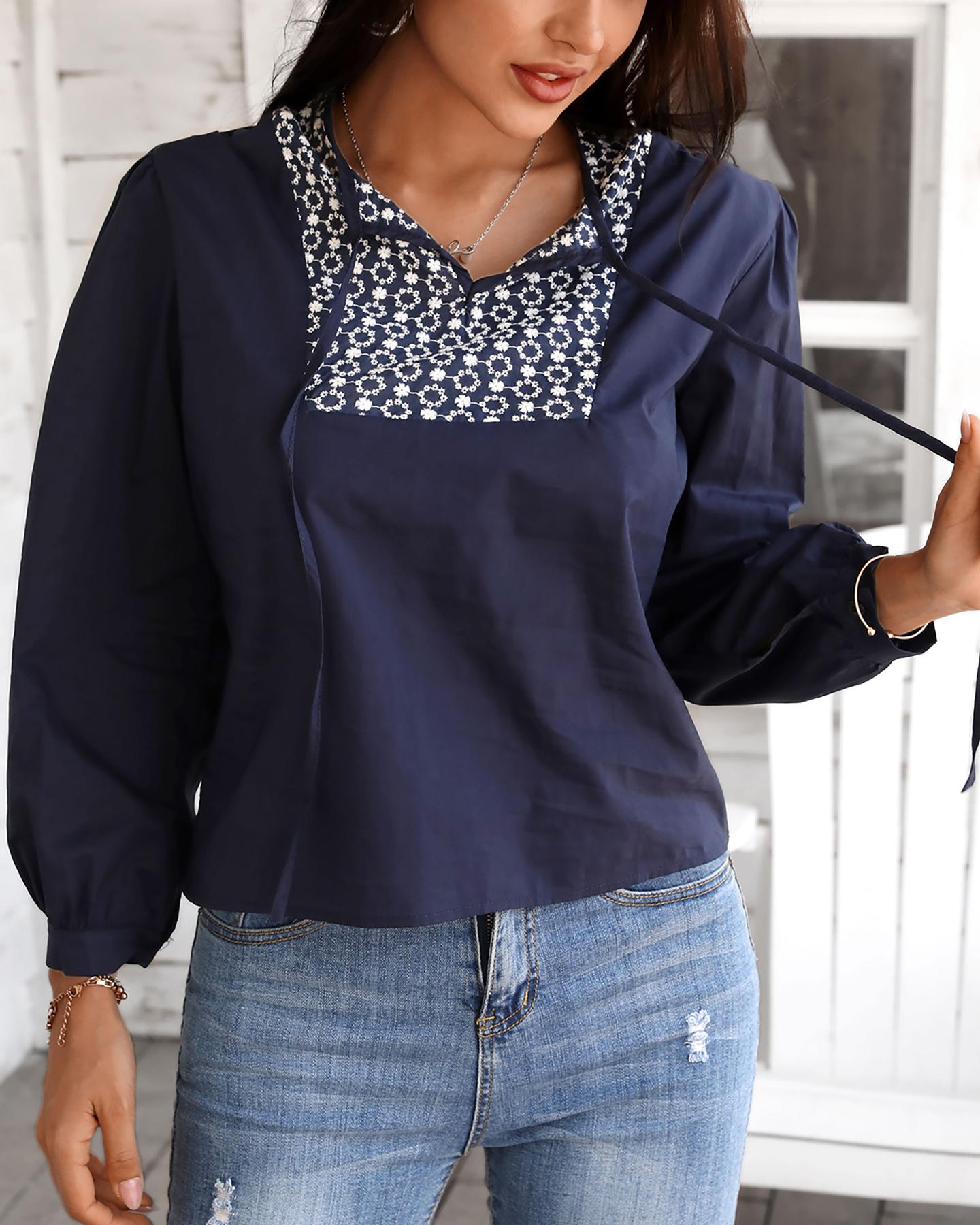 

Floral Print Lantern Sleeve Drawstring Top, Dark blue