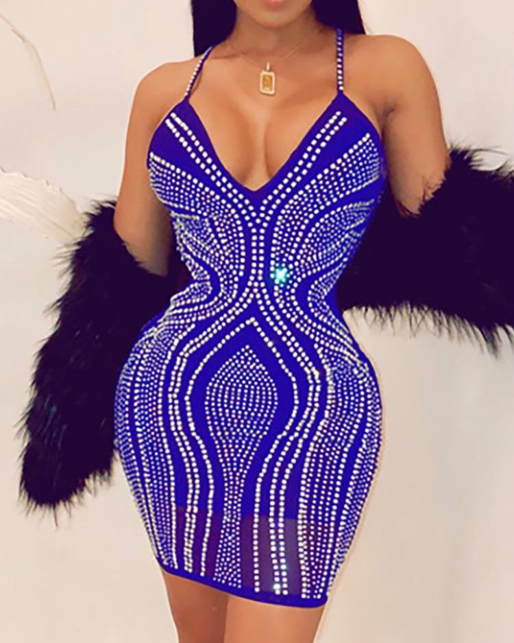 

V-Neck Hot Stamping Bodycon Dress, Blue