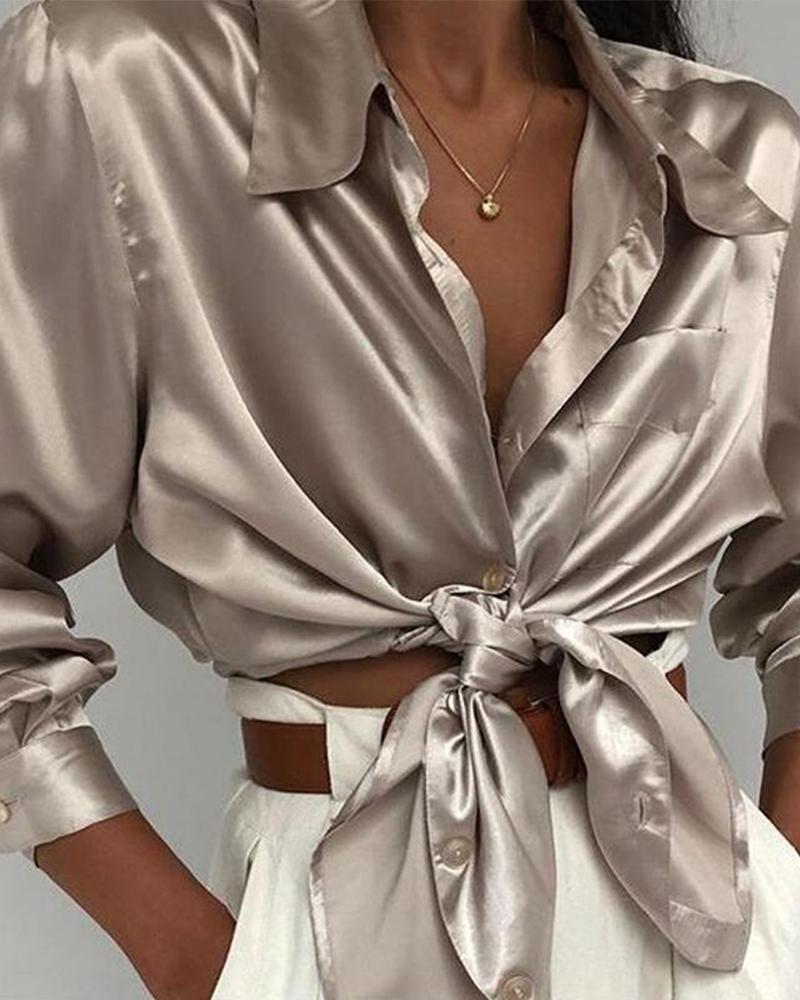 

Solid Button-Up Satin Shirt, Silver