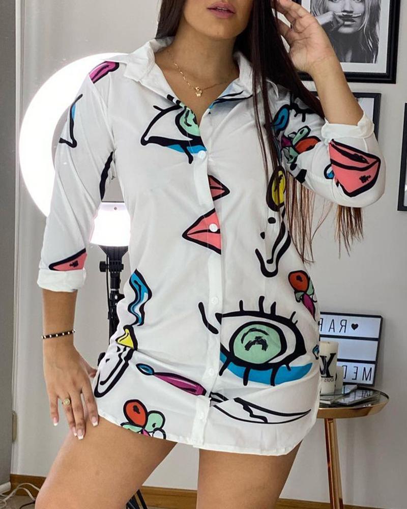 

Graphic Print Button Front Shirt, White