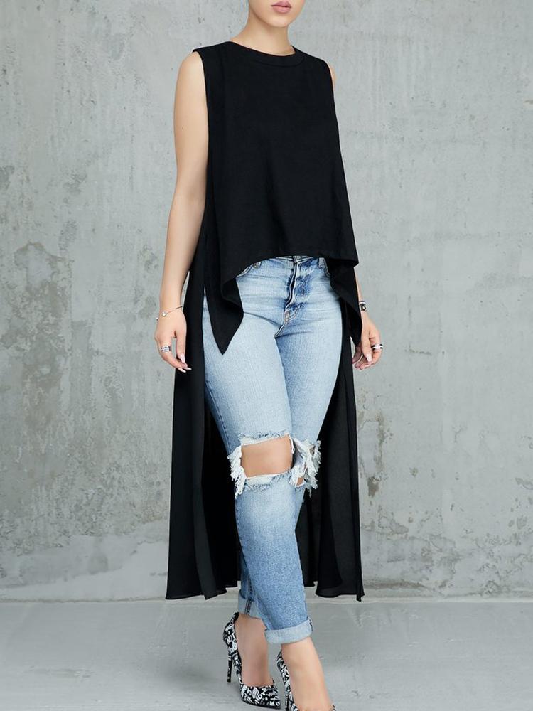 

Solid Swallow-tailed Irregular Top, Black