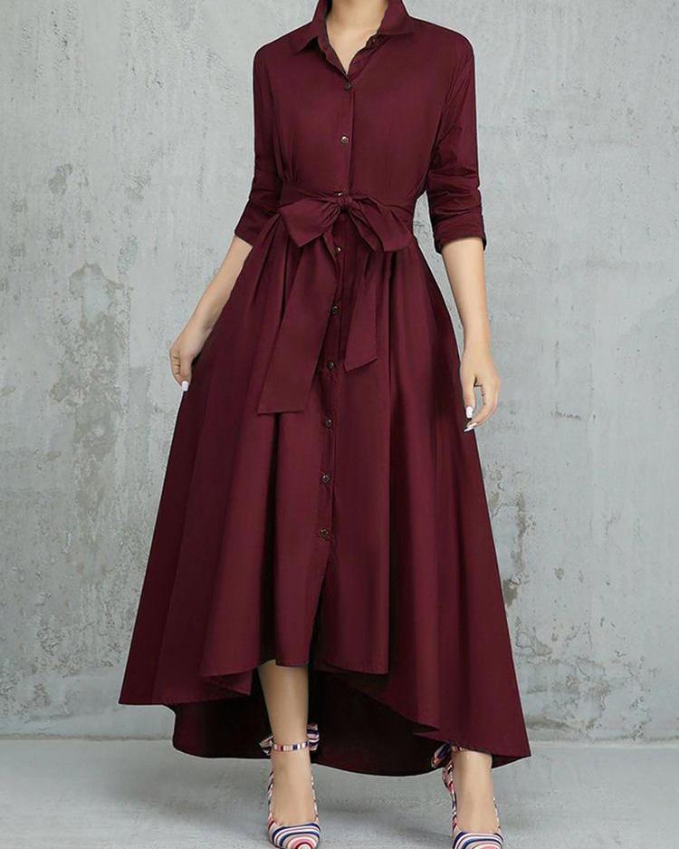 

Knotted Front Ruched Casual Shirt Dress, Wine red