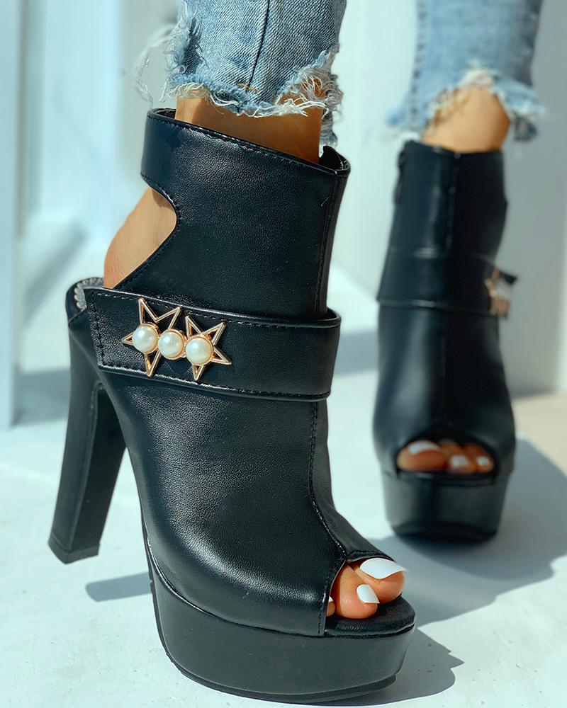 

Pearl Beaded Peep Toe Chunky Heels, Black