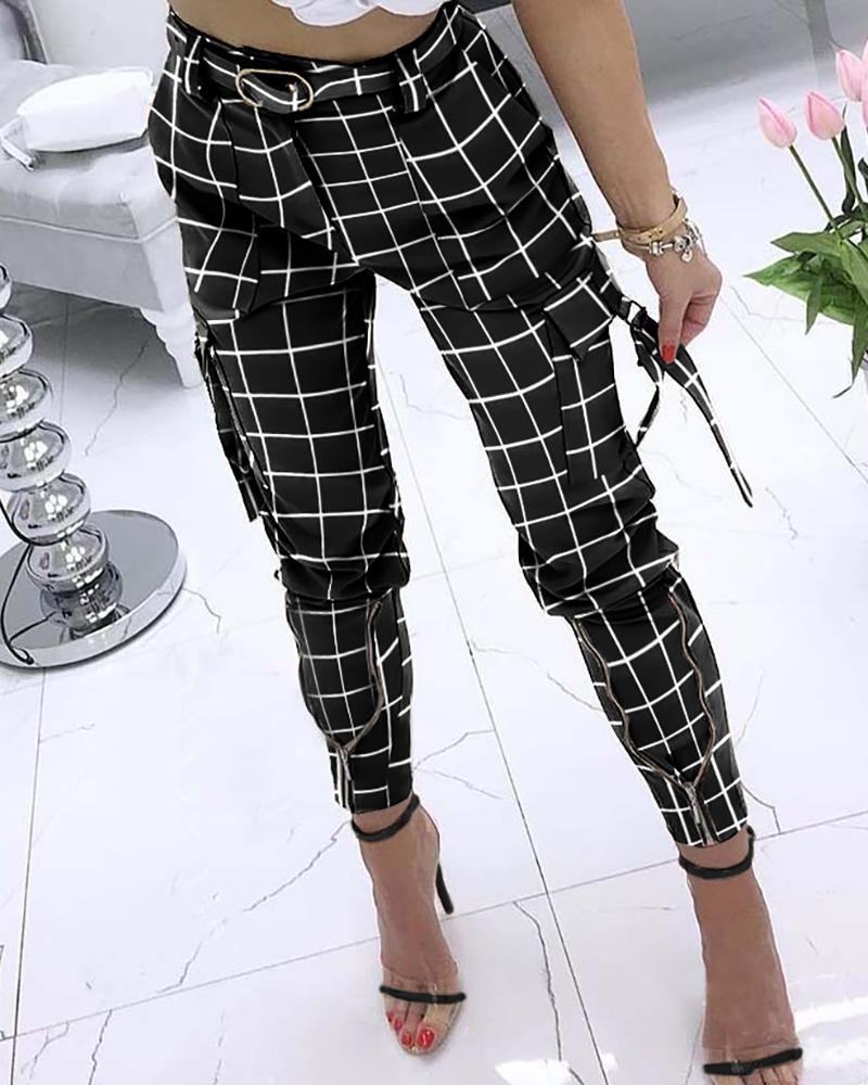 

Gingham Check Print Pocket Design Pencil Pants, Black