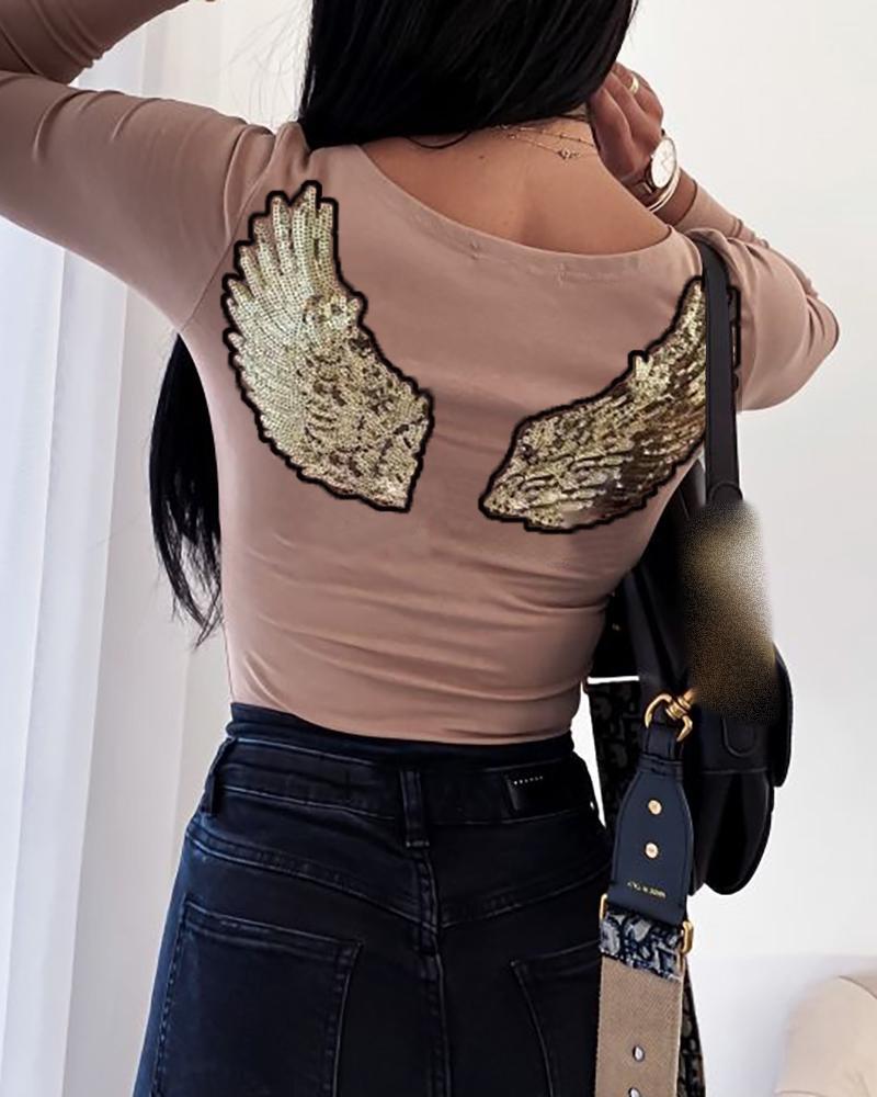 

Angel Wings Pattern Sequins Bodysuit, Pink