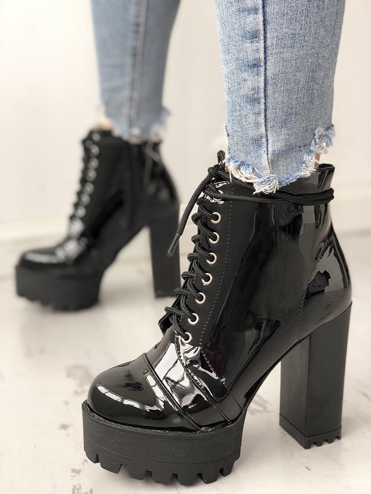 

Lace-Up Zipper Platform Chunky Heeled Boots, Black