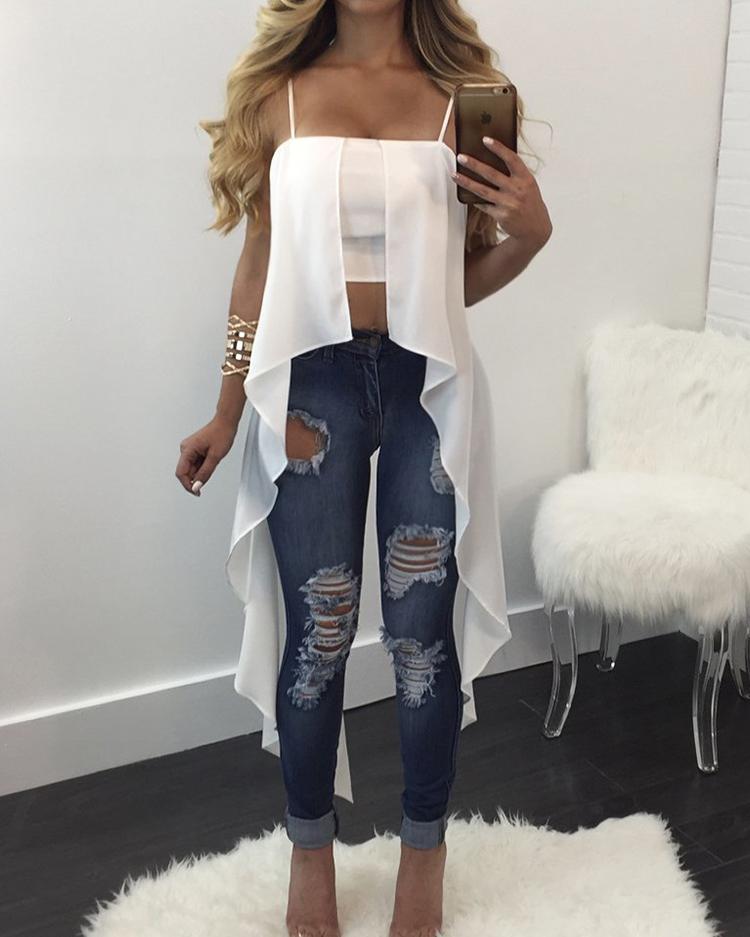 

Stylish Spaghetti Strap Irregular Hem Blouse