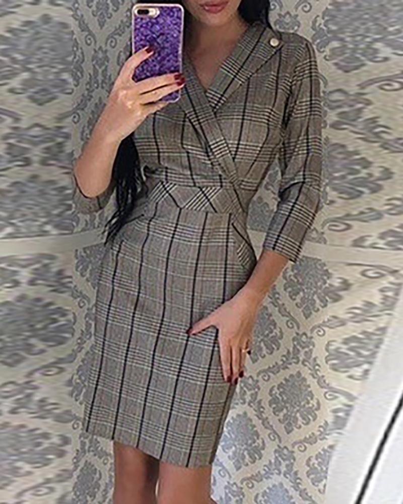 

Notched Collar Plaid Blazer Dress, Gray