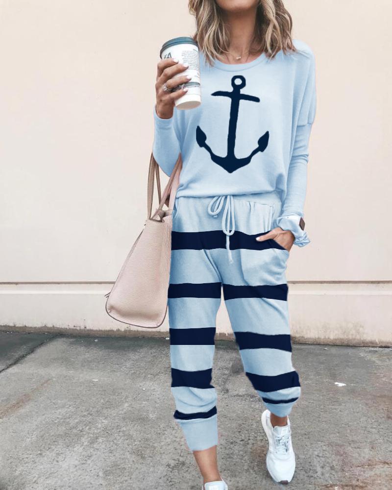 

Boat Anchor Print Striped Drawstring Top & Pants Set, Blue