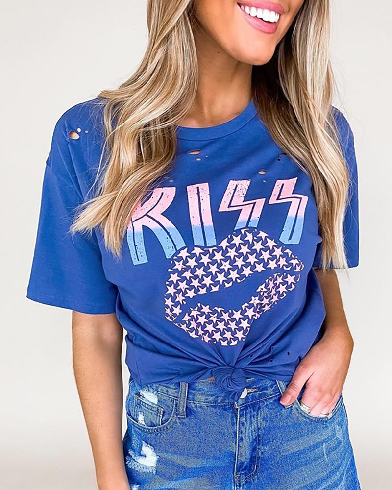 

Lip Print Short Sleeve Casual T-shirt, Blue