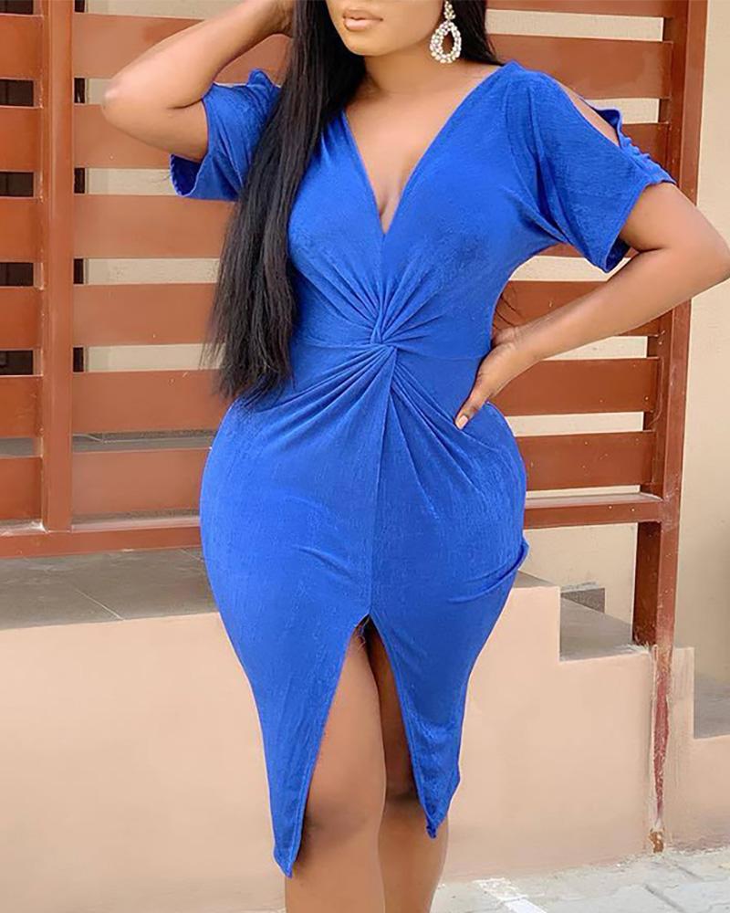 

V-Neck Twisted Slit Bodycon Dress, Blue
