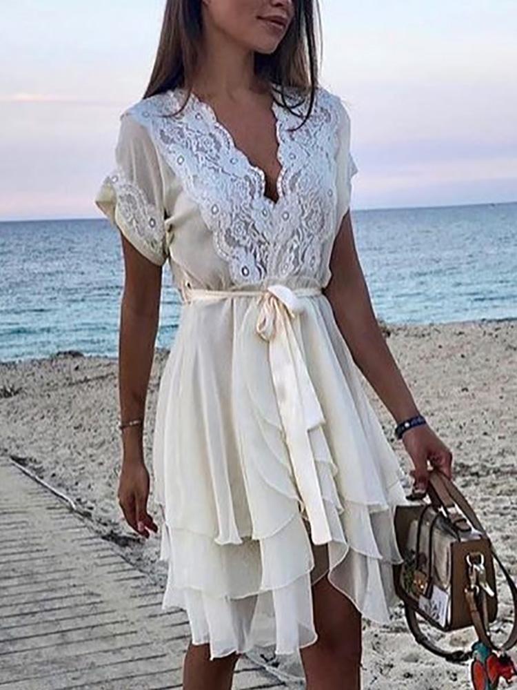 

Lace Splicing Belted Chiffon Dress