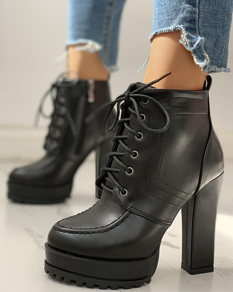 

PU Lace-Up Platform Chunky Heeled Ankle-Boots, Black