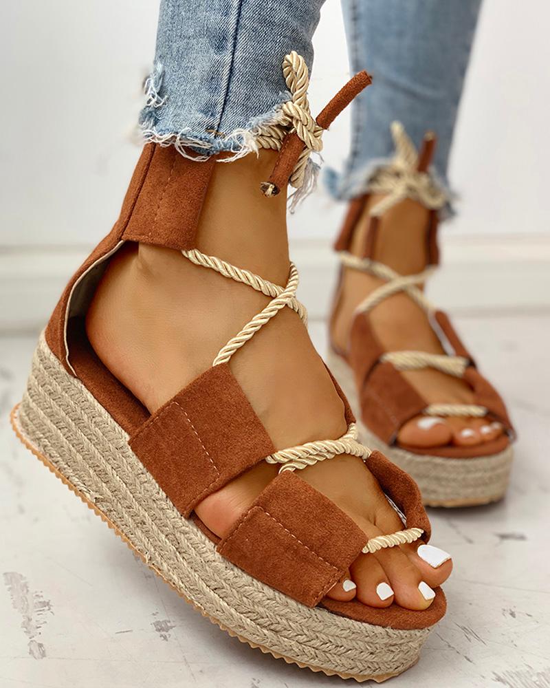 

Suede Rope Design Espadrille Wedge Sandals, Brown