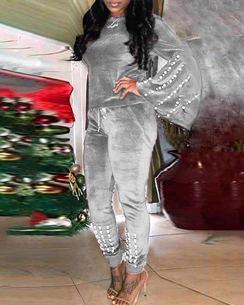 

Beaded Round Neck Long Sleeve Top & Drawstring Pants Sets, Gray