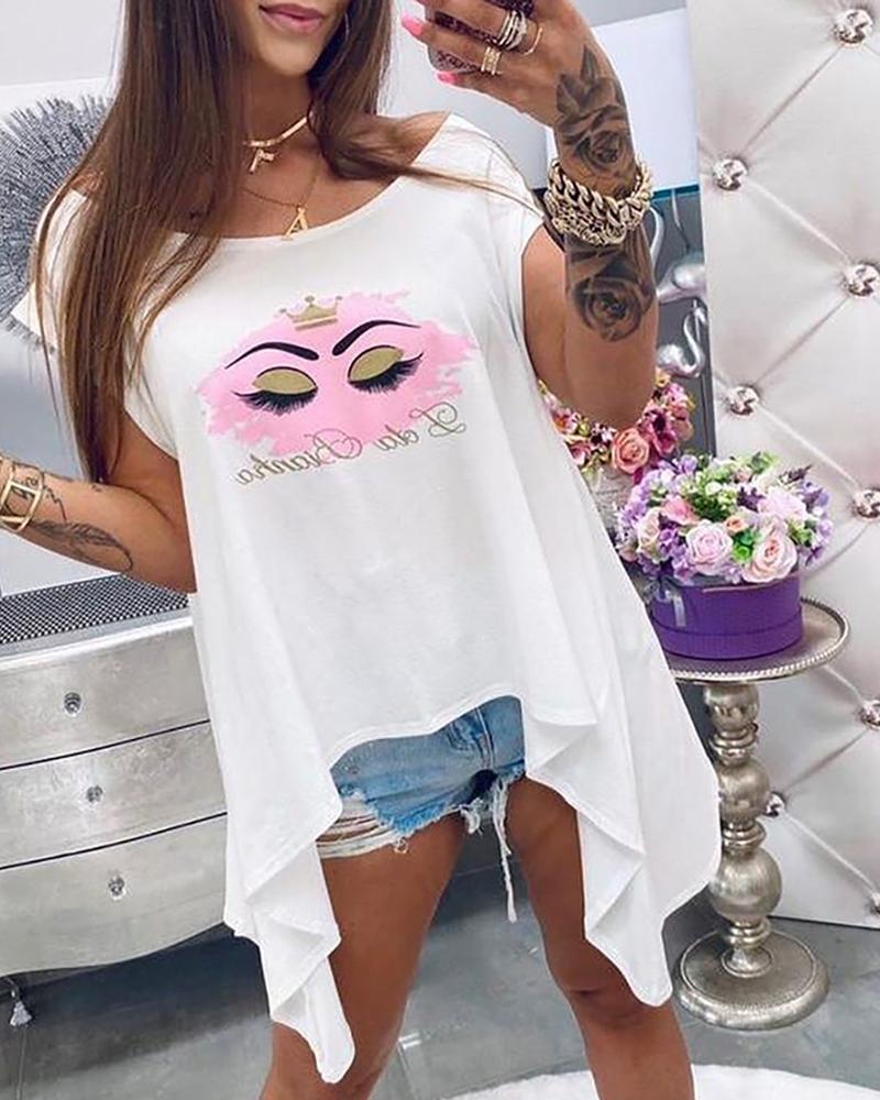 

Eyes Print Short Sleeve Irregular Casual T-shirt, White